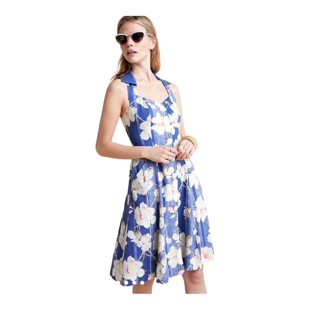 Anthropologie Blue Floral Halter Midi Dress